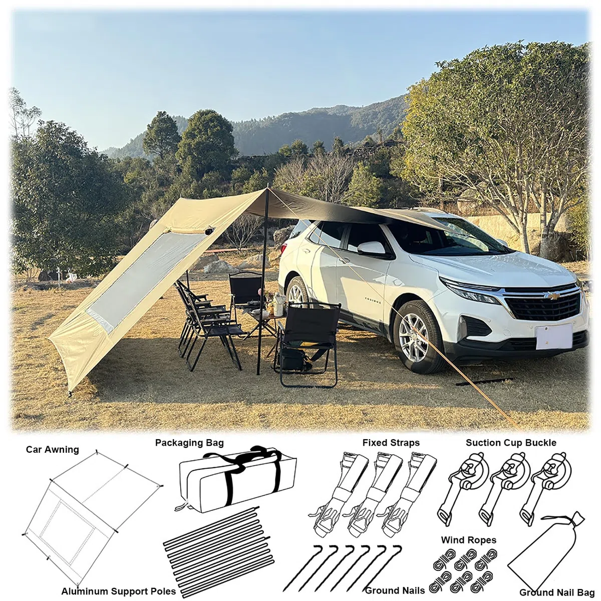 Grande Toldo Furgoneta Camper, 4.8x2.8m, Tienda de Camping Lateral Exterior, Toldos de Coches para Acampar, Toldo Universal Impermeable para Autocaravana, Caravana, SUV, Pesca, Picnic