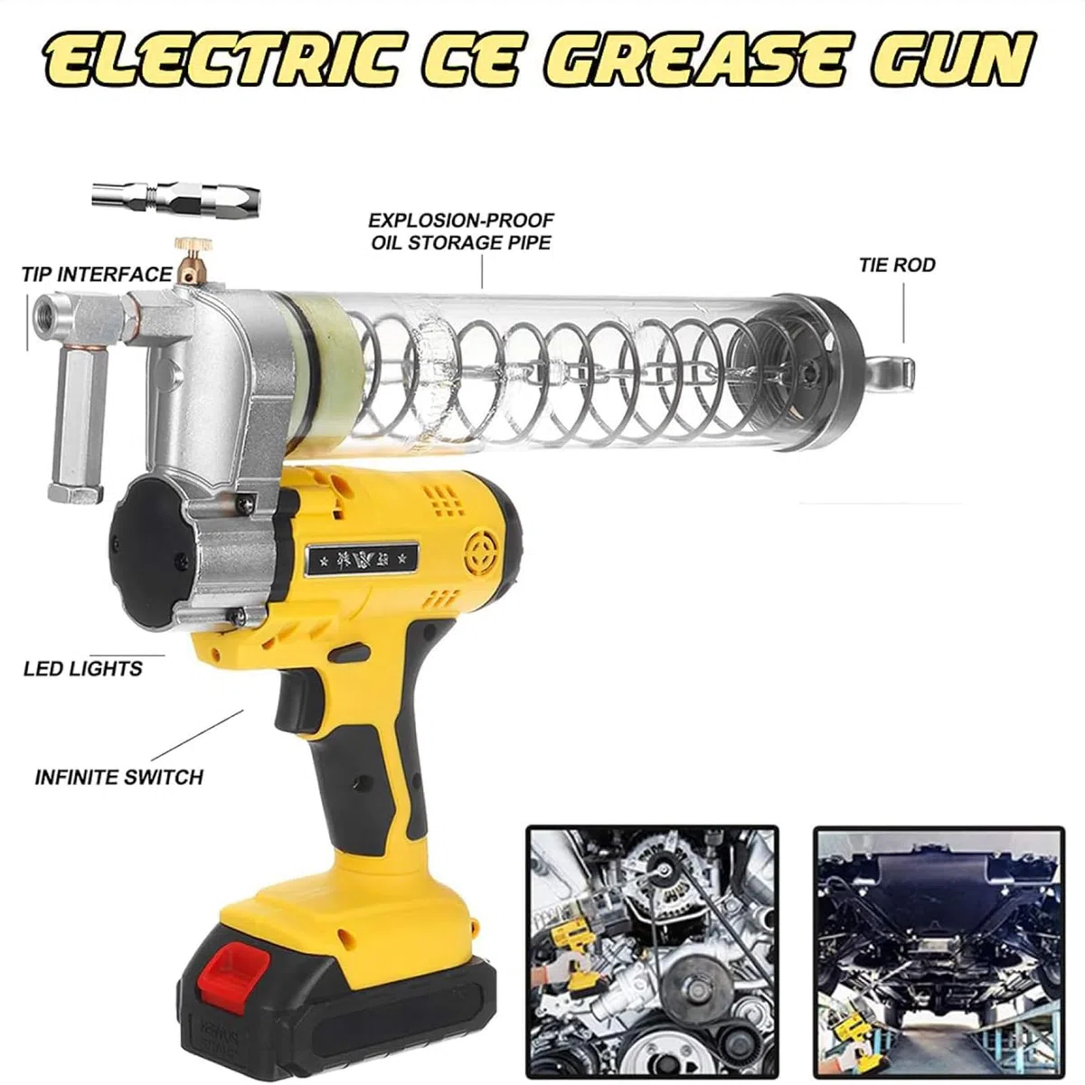Pistola de grasa de alta presión, eléctrica sin escobillas, 6000-7000 PSI, manguera de 30 cm, mango cómodo, luz LED integrada para aplicaciones industriales y de bricolaje