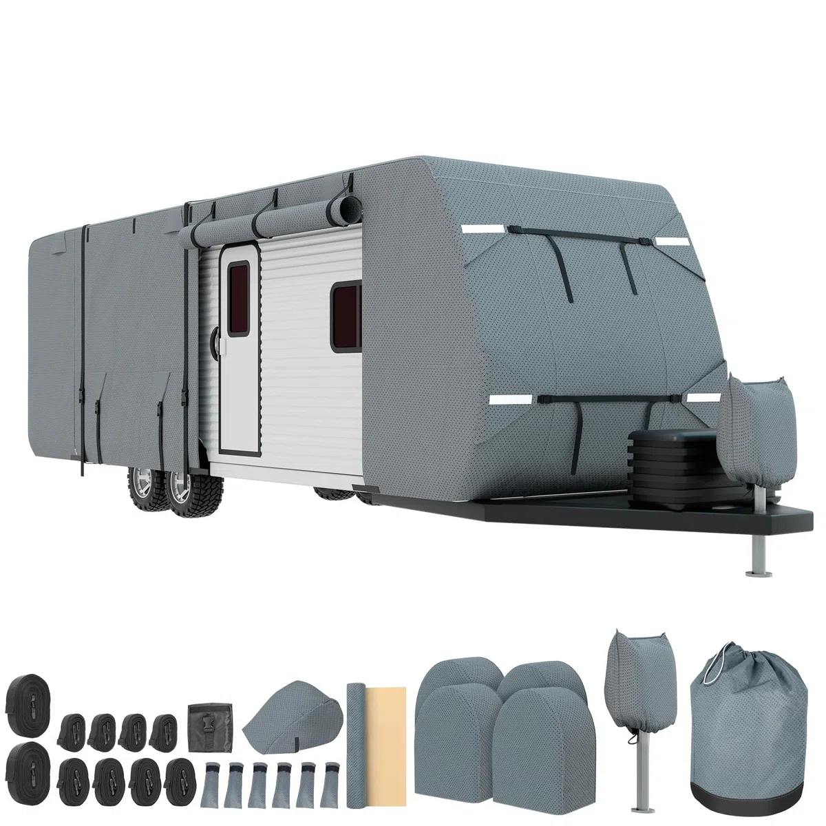 Mofeez Cubierta de Remolque de Viaje, Extra Gruesa Mejorada de 5 Capas para Cubierta de Caravana de 27 a 30 pies, Resistente al Viento, Impermeable, con Parches de reparación Adhesivos, 2 Correas