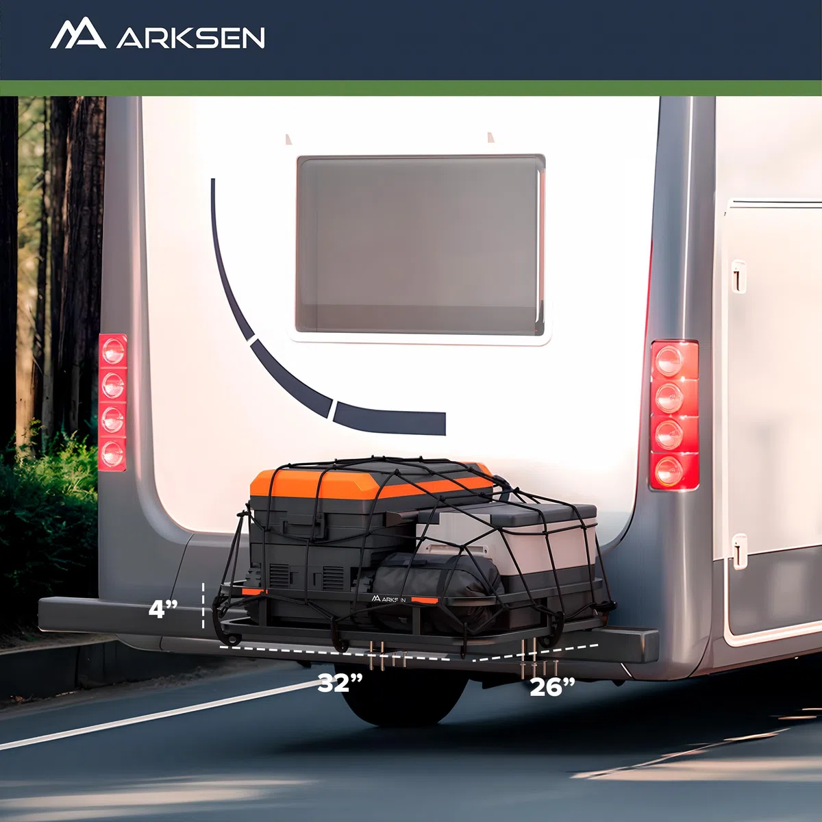 ARKSEN Cesta de equipaje resistente de 32 x 26 pulgadas con red, almacenamiento para RV, camping, viajes, capacidad de 350 libras, color negro