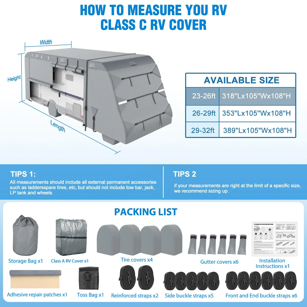 Mofeez Cubierta de 7 Capas para Autocaravana de Clase C de 23 a 26 pies, Impermeable, Anti-UV, Cubierta antidesgarros, Cubierta de Caravana para Invierno con Correas reforzadas y 4 Cubiertas de
