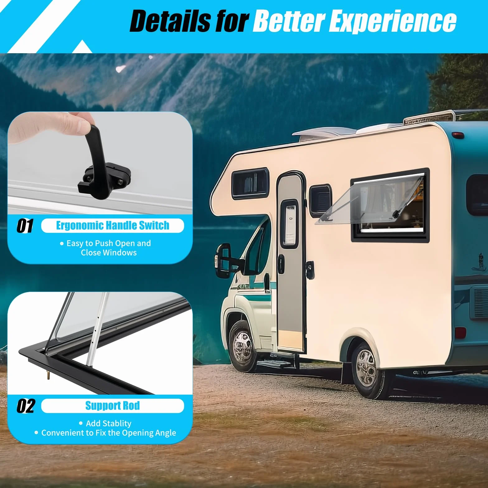 Ventana de autocaravana, 900 x 500 mm, para caravana, fija, para deslizar, ventana plegable externa con estor para RV Kastenwagen Van Camper (900 x 500 mm)