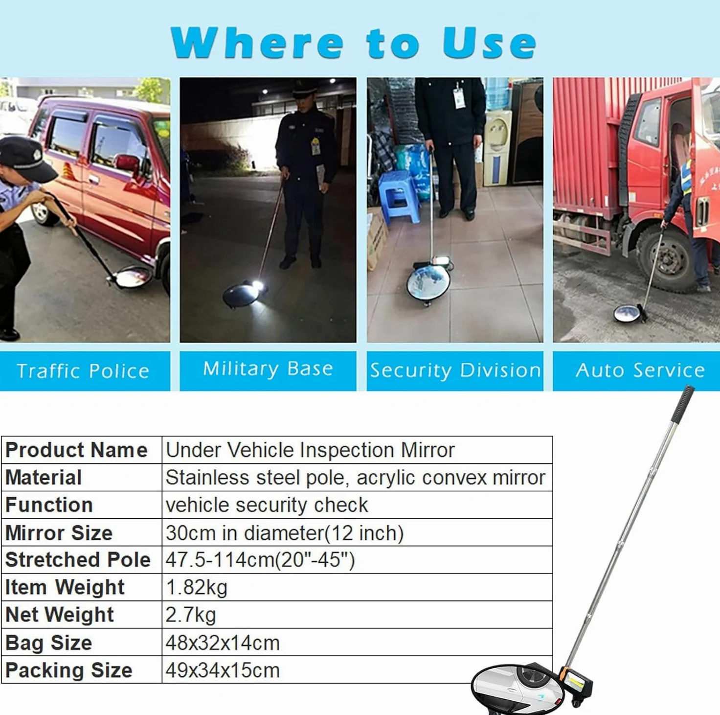Espejo de inspección para Coche, retráctil, para Techo, 30 cm de diámetro, Reflector Convexo, para la Parte Inferior del vehículo.