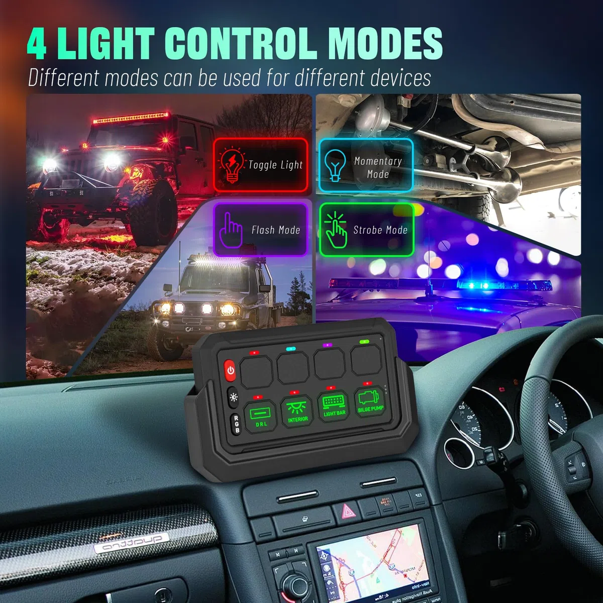Chelhead - Panel de conmutación inalámbrico de 8 bandas, control de hasta 81 m, caja de relé de control panel de conmutación multifunción 4 modos de iluminación, compatible con vehículos marinos