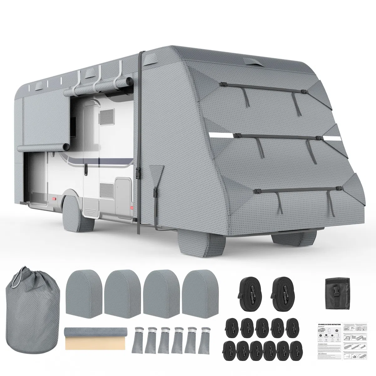 Mofeez Cubierta de 7 Capas para Autocaravana de Clase C de 23 a 26 pies, Impermeable, Anti-UV, Cubierta antidesgarros, Cubierta de Caravana para Invierno con Correas reforzadas y 4 Cubiertas de