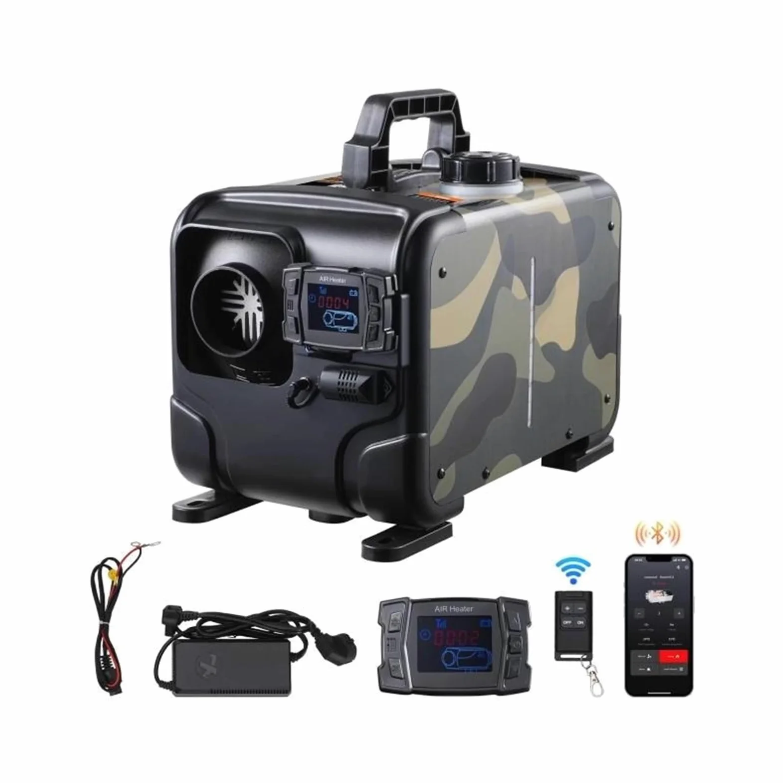 Nocturno Diesel Calentador de Aire diésel Todo en uno de 8 kW, 12 V/24 V, con Bluetooth, Pantalla y Alarma de CO, para cochera y Garaje.