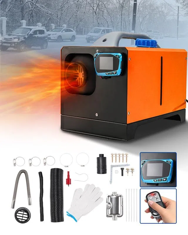 Calefactor de estacionamiento de aire diésel todo en uno de 8 kW y 12 V con interruptor LCD y silenciador para camiones, barcos, remolques, turismos, autocaravanas y furgonetas camper (naranja).