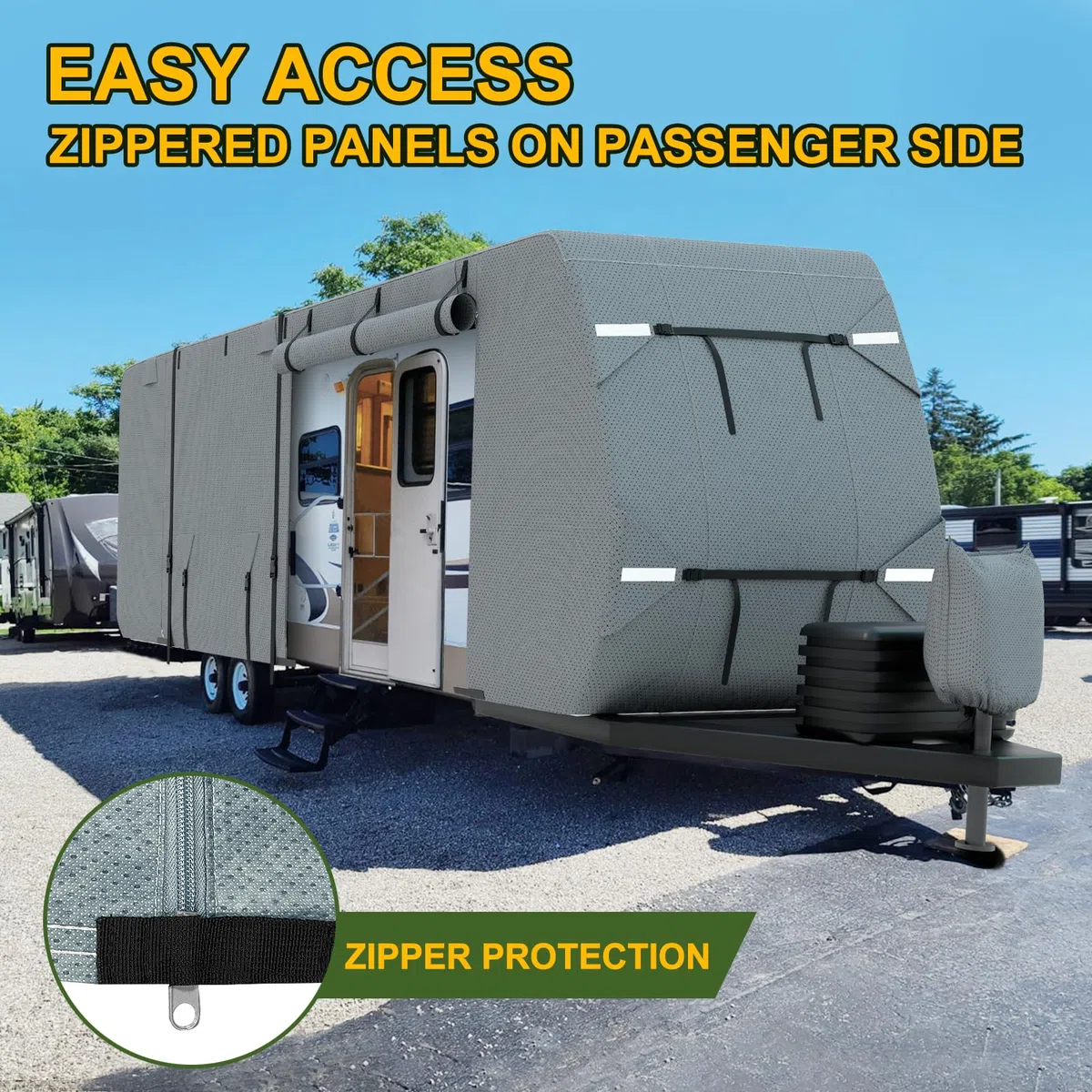 Mofeez Cubierta de Remolque de Viaje, Extra Gruesa Mejorada de 5 Capas para Cubierta de Caravana de 27 a 30 pies, Resistente al Viento, Impermeable, con Parches de reparación Adhesivos, 2 Correas