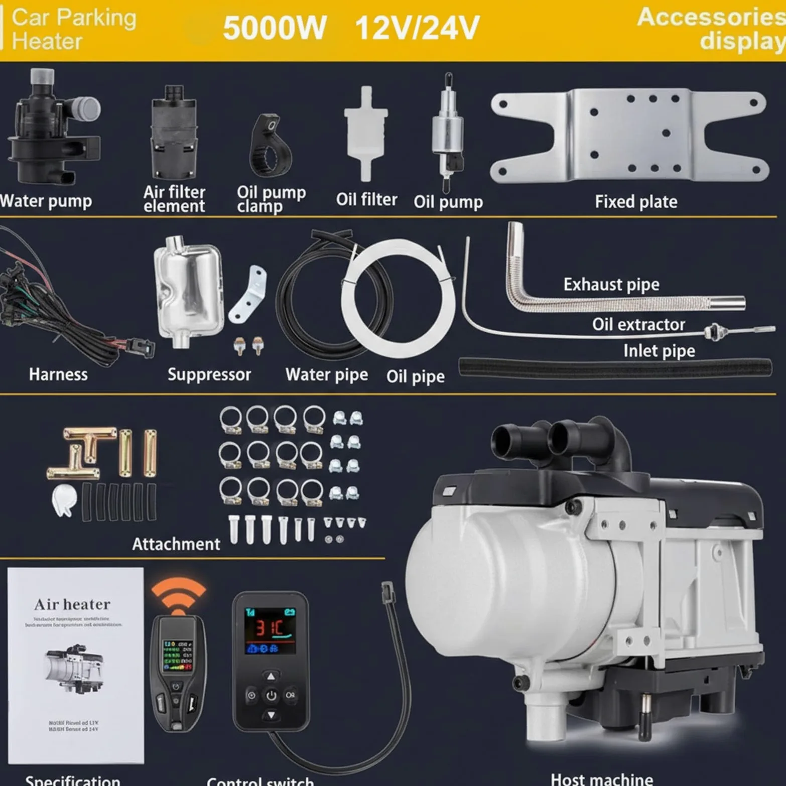 Calentador hidráulico de 5 kW, 12 V/24 V, para estacionamiento de caravanas, Camiones y Barcos, precalentador de Motor con Control LCD Inteligente y Sistema de Arranque Remoto (24 V).
