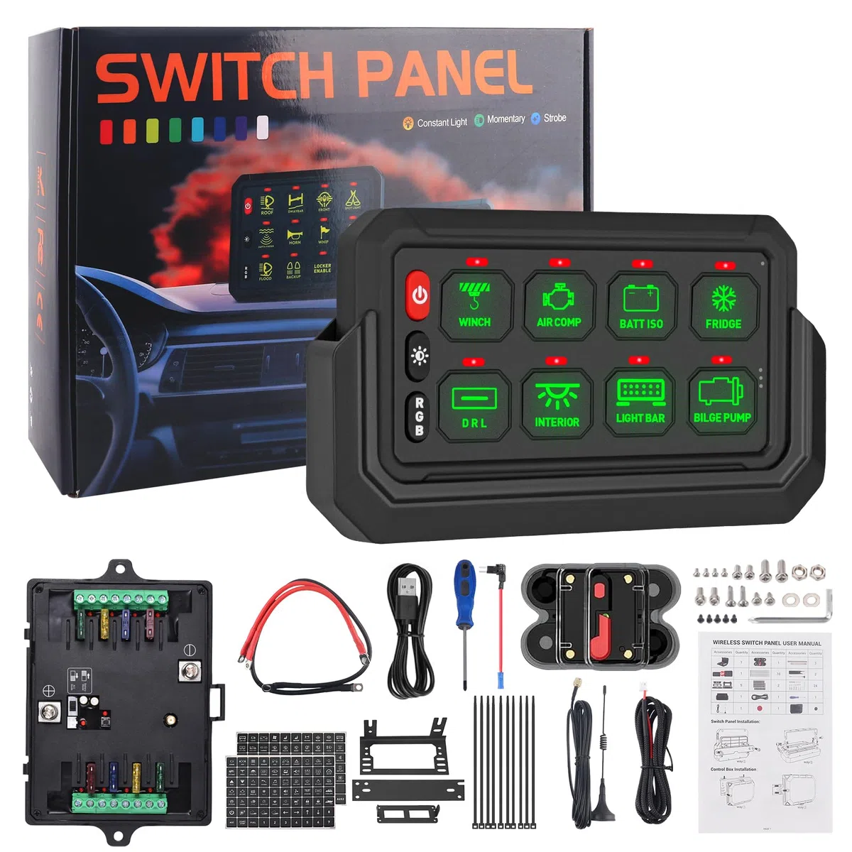 Chelhead - Panel de conmutación inalámbrico de 8 bandas, control de hasta 81 m, caja de relé de control panel de conmutación multifunción 4 modos de iluminación, compatible con vehículos marinos