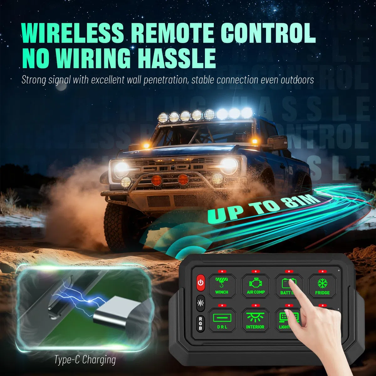 Chelhead - Panel de conmutación inalámbrico de 8 bandas, control de hasta 81 m, caja de relé de control panel de conmutación multifunción 4 modos de iluminación, compatible con vehículos marinos