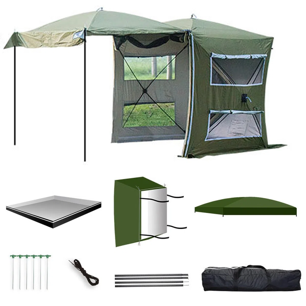 Toldo Furgoneta Camper 450D Tela Oxford PU200Omm RUV50+, Toldos para Caravanas Protector Solar y Resistente a la Lluvia, Diseño Desmontable y Ventanas Grandes de Doble Capa(Green)